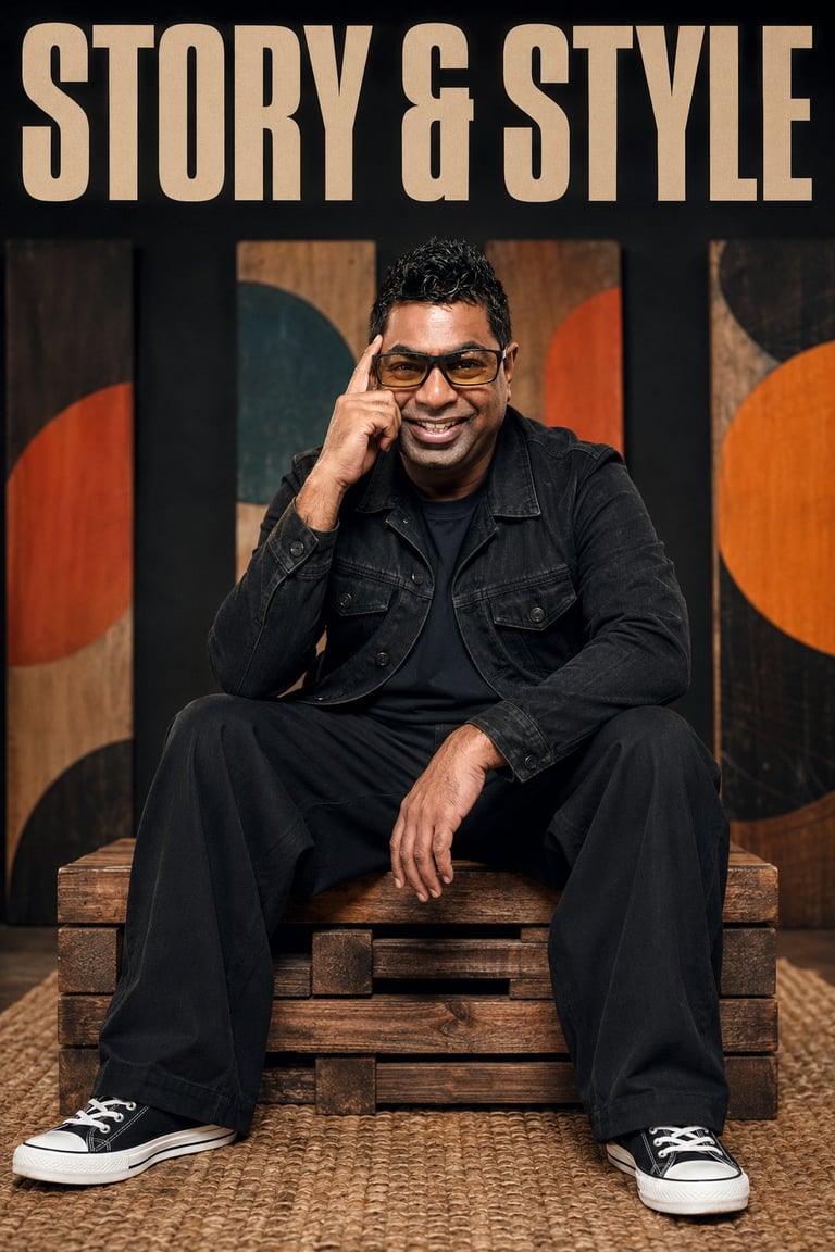 Diven Laxman — Lead Cinematographer & Founder of Royal Wedding Cinema Tanzania, wearing glasses and black denim jacket, portrait against colorful geometric backdrop