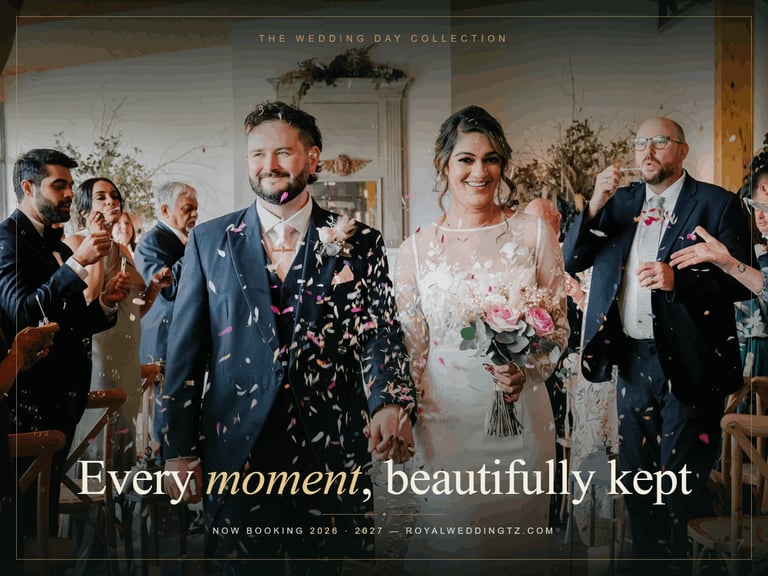 Wedding couple celebrates with guests tossing confetti bride in white dress with flowers groom in blue suit elegant reception Zanzibar wedding films