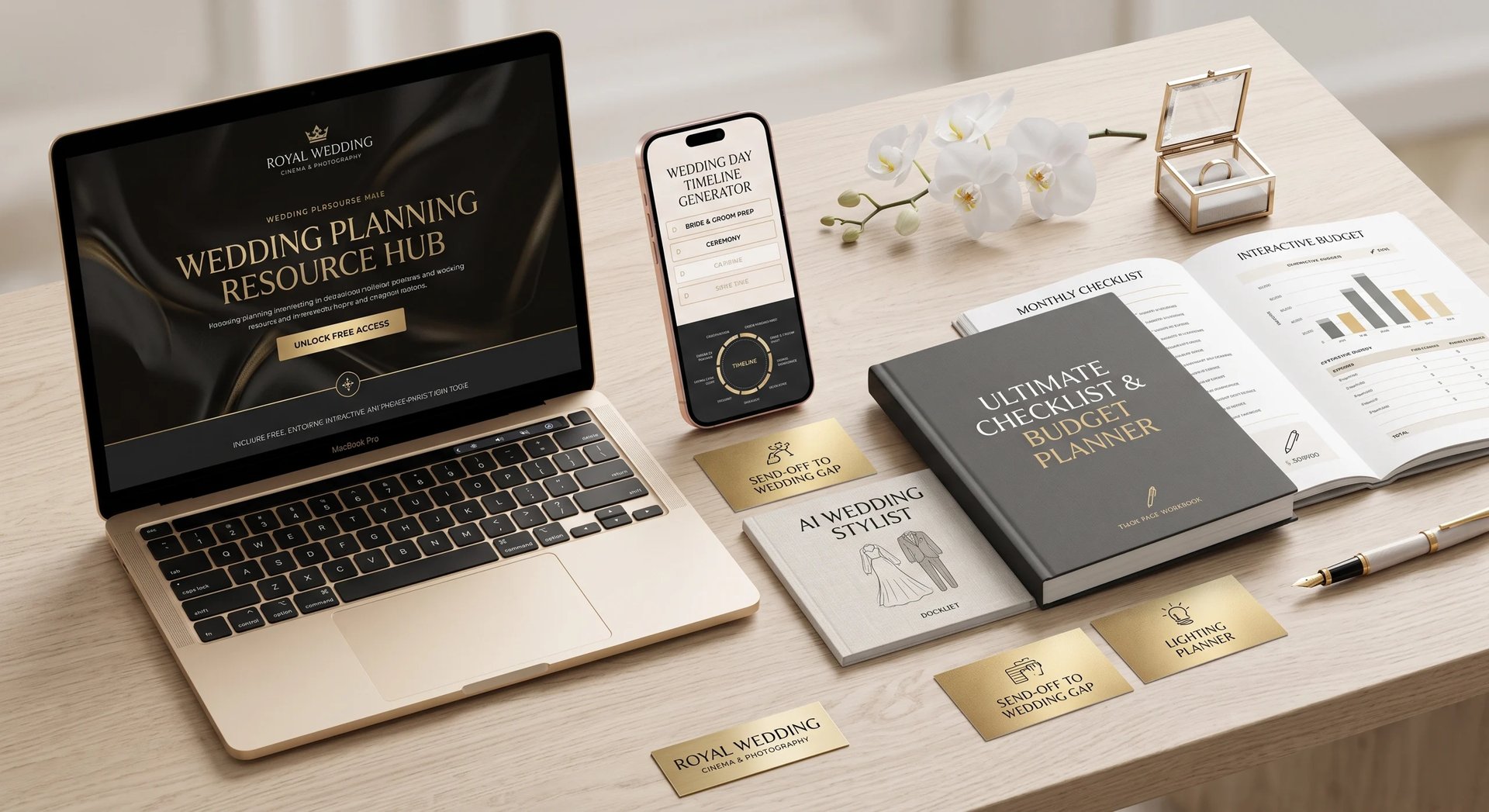 Wedding planning resource kit displayed on desk with laptop, smartphone, gray planner, business cards, and decorative white flowers — Royal Wedding Cinema & Photography Tanzania