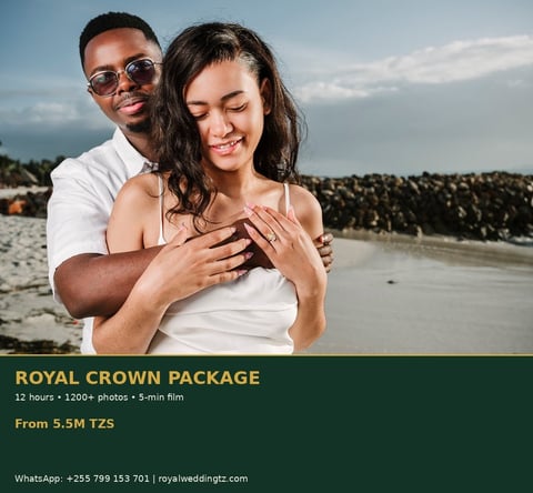 Couple embracing on beach, smiling. Man wearing white shirt and glasses, woman in white tank top. Rocky coastline background. Royal Crown Package wedding photography advertisement.