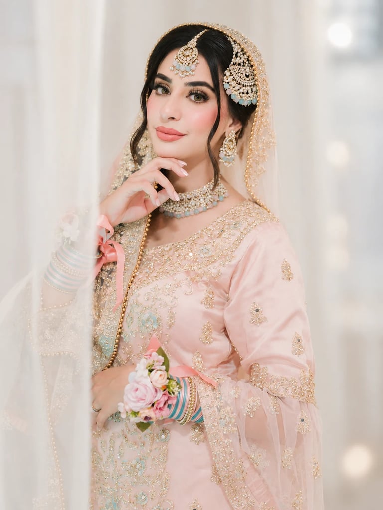 Woman in traditional South Asian bridal attire with ornate pink and gold embroidered outfit, jewelry, and veil against a blurred background