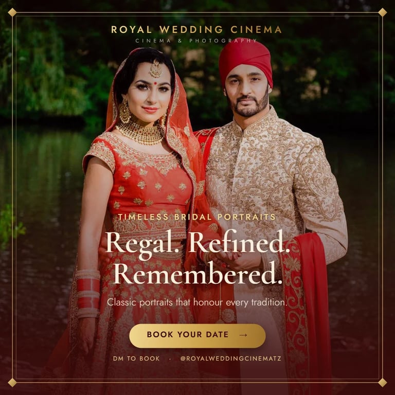 Bride in red embroidered lehenga and groom in beige sherwani with red turban