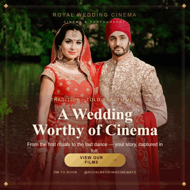 Indian bride and groom in traditional wedding attire posing for Royal Wedding Cinema promotional poster
