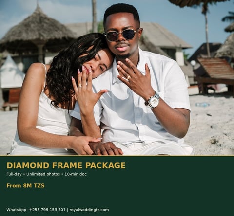 Couple in white shirts posing on beach with thatched huts in background, Diamond Frame Package promotional image