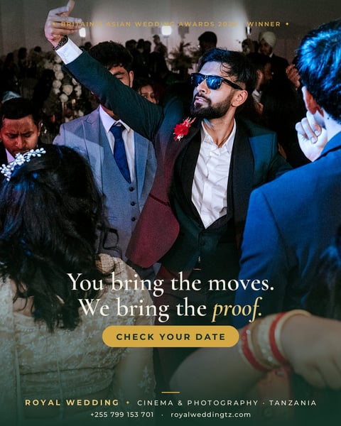 Man in sunglasses and suit celebrating at wedding event with call-to-action text You bring the moves. We bring the proof.