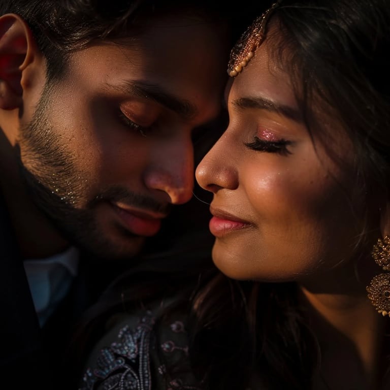 Man and woman in close profile embrace with warm golden lighting and closed eyes, wearing jewelry and formal attire