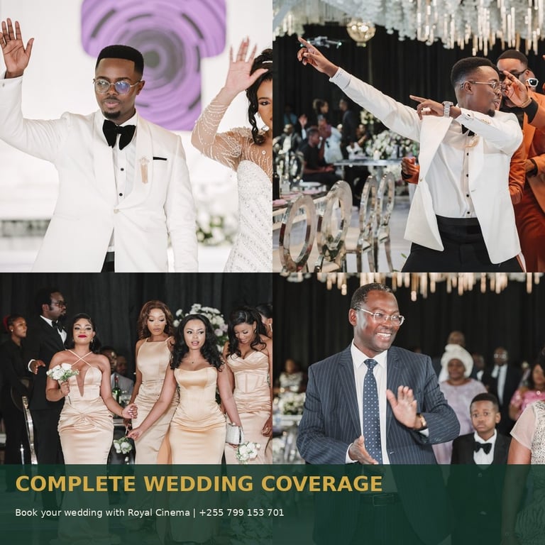 Collage of wedding celebration photos showing groom, bride, wedding party, and guests at an elegant event with gold decorations and champagne toasts.