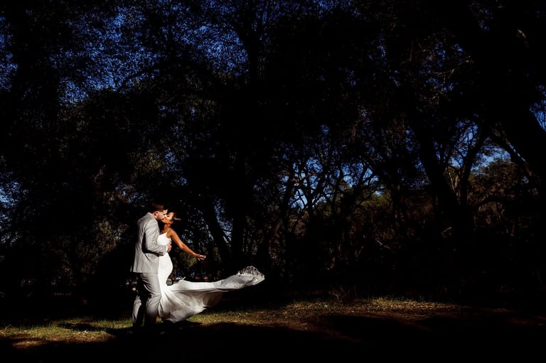 Bride in white wedding dress sitting under dark trees at night, illuminated by dramatic spotlight lighting