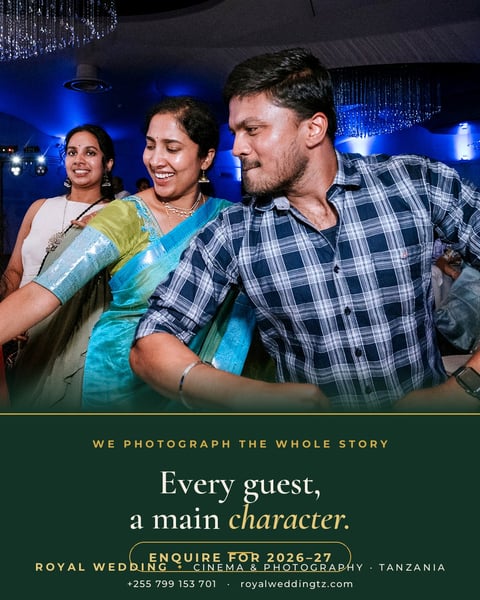 Guests celebrating at a wedding reception with blue lighting. Text reads Every guest, a main character for Royal Wedding Cinema Photography Tanzania.