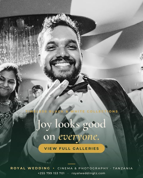 Black and white photo of a beaming man in formal attire with bow tie at an elegant event, with text overlay about white collections and wedding photography services
