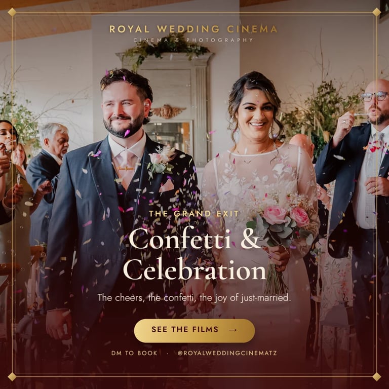Bride and groom exiting wedding ceremony surrounded by confetti and guests