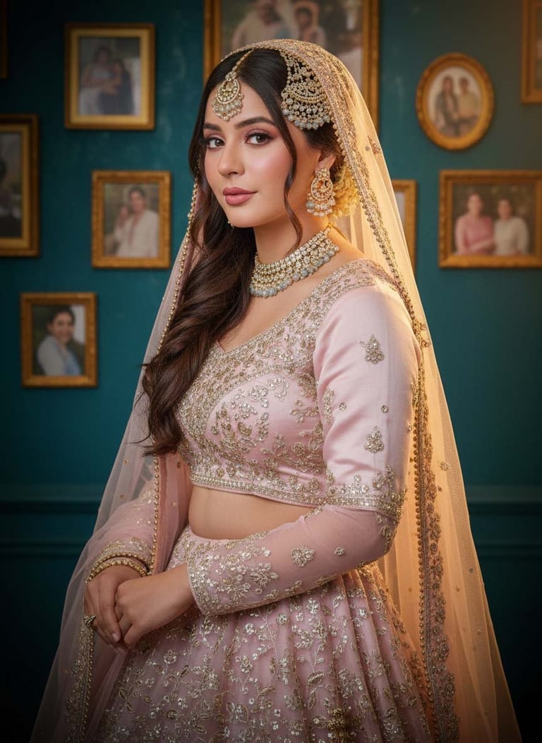 Woman in pink embroidered lehenga with gold dupatta and pearl jewelry, posing against gallery wall with framed portraits