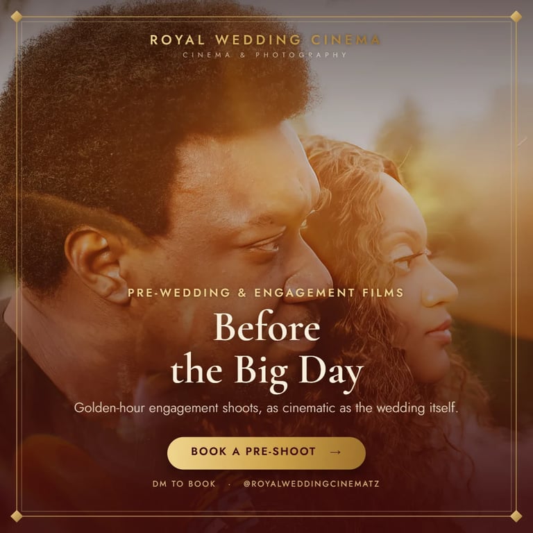 Romantic couple in profile during golden hour engagement shoot, promotional image for Royal Wedding Cinema pre-wedding films
