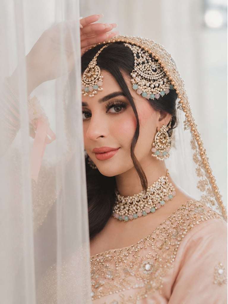 Woman wearing ornate gold bridal jewelry and beaded veil, posing elegantly by white curtains