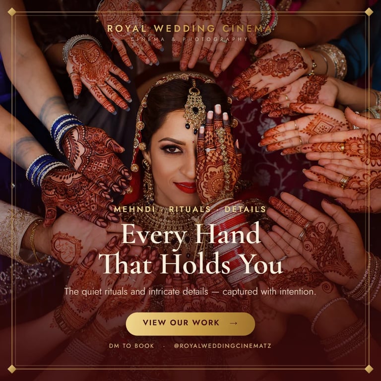 Bride with intricate mehndi henna designs on hands surrounded by family members