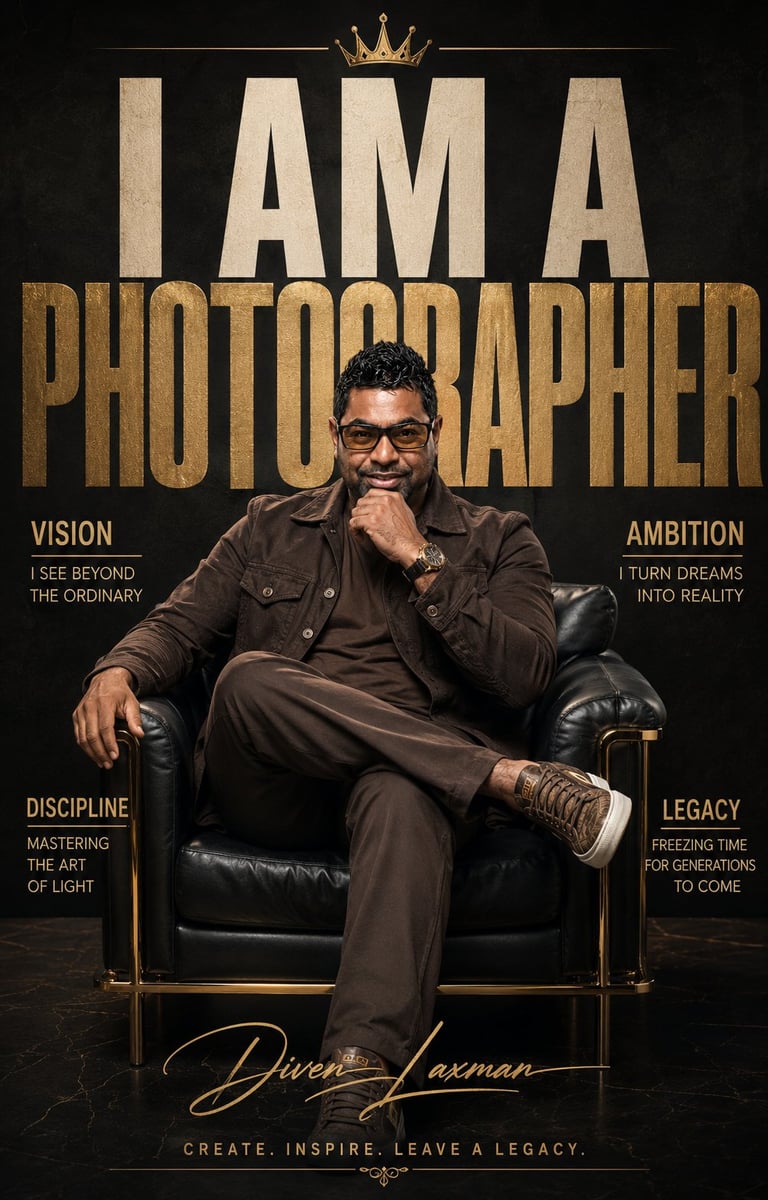 Professional wedding photographer Diven Laxman, founder of Royal Wedding Cinema and Photography Tanzania, seated in formal wear surrounded by gold text defining his vision ambition discipline and legacy